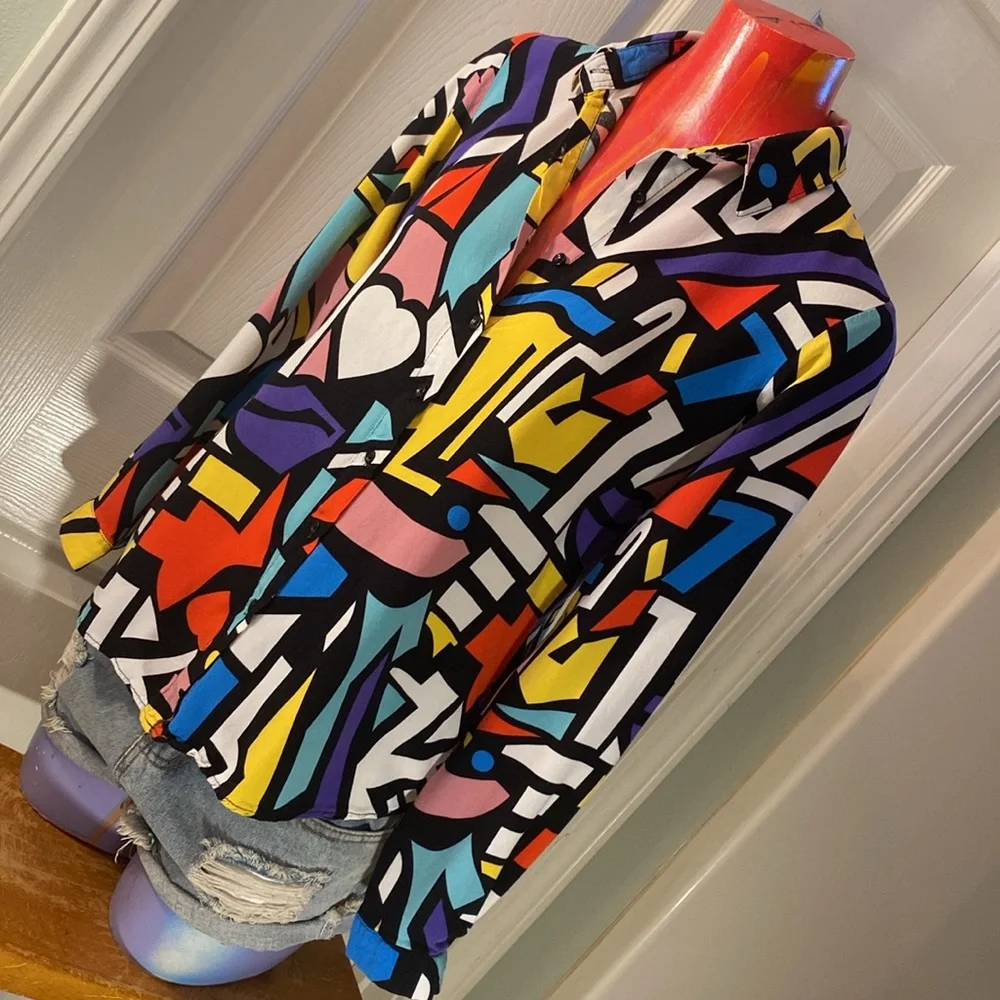 BIG DART Multicolored Pop Art Retro Button Down Long Sleeve Shirt - Picture 4 of 11